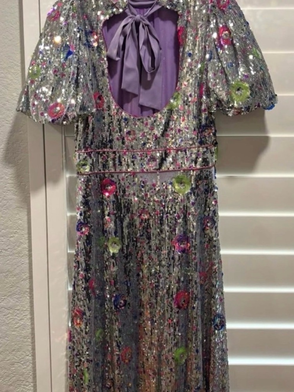 Silver Sequin Puff-Sleeve Maxi Dress with Multicolor Embellishments - Picture 3 of 6